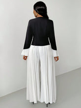 Lyxana 2-Piece Set: Black & White Contrast V-Neck Flare Sleeve Blazer Jacket And Pleated Elastic Waist Pants For Women